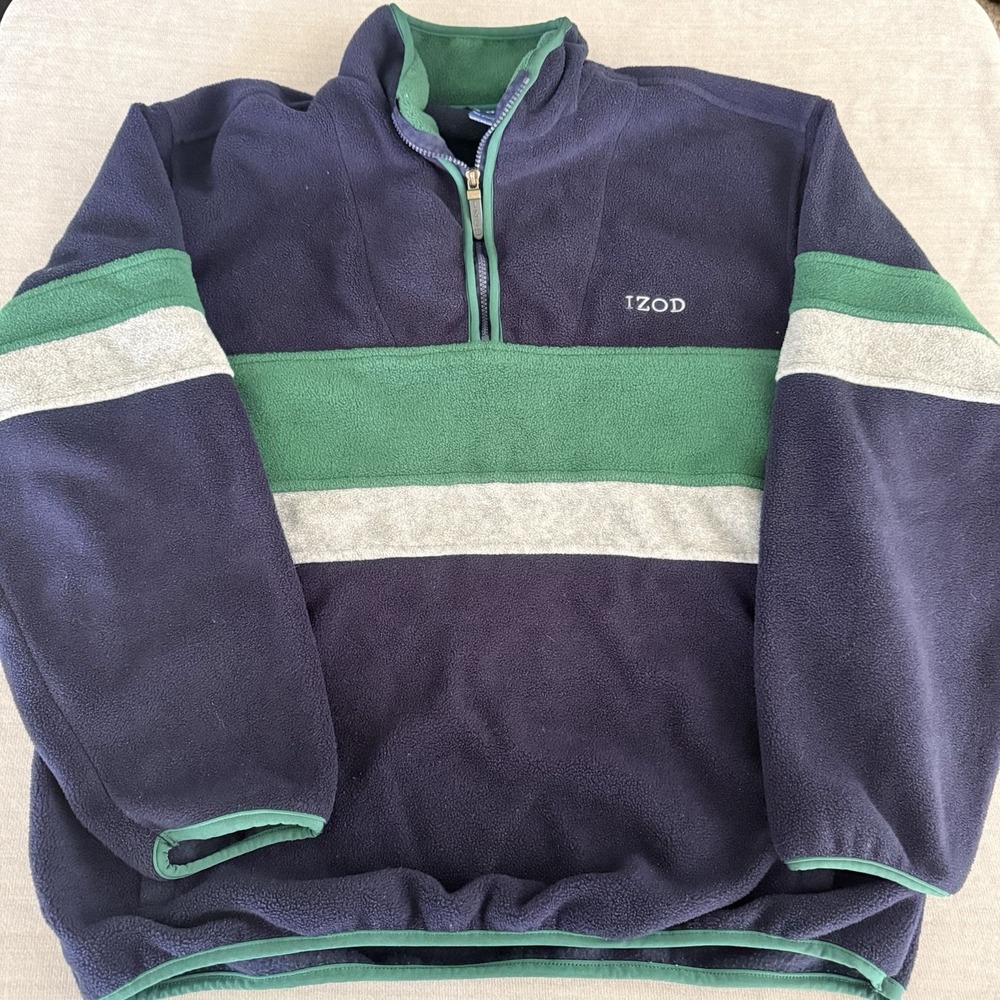 IZOD Mens Large Fleece Pullover 1/4 Zip Navy Green Colorblock Retro Preppy